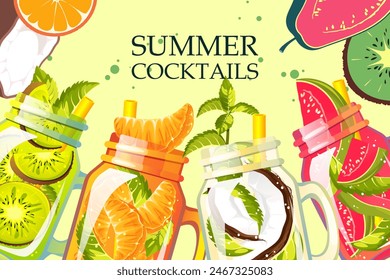 Background with summer cocktails. Summer tropical cocktails with fruits in jars. Vector illustration.