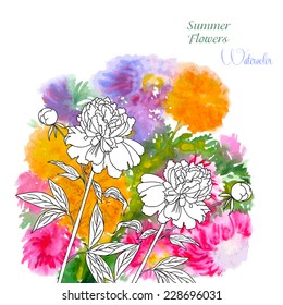 Background  with summer flowers and watercolors. Vector watercolor illustration