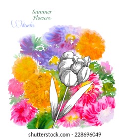 Background  with summer flowers and watercolors. Vector watercolor illustration