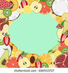 Background of summer fruits, with an empty space in the center for inscription or advertising.