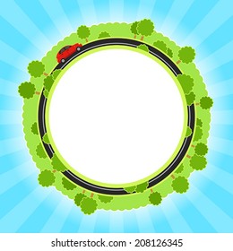 Background with summer greens, red car, and blue sky