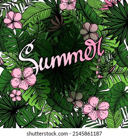 Background with Summer, handwritten lettering, decorated with strelitia flower, tropical palm leaves, monster and hand-drawn carrot elements. Summer, tropical. Vector illustration.