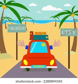 Background of summer holidays, vacations. A red cartoon car loaded with suitcases drives towards palm trees, the beach and the sea. Flat vector illustration.