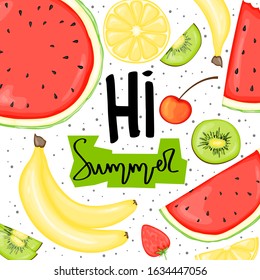 Background with summer items. Cartoon style. Vector illustration