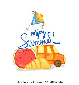 Background with summer items. Cartoon style. Vector illustration