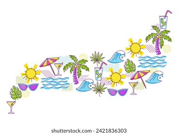 Background with summer items. Stylized beach objects.