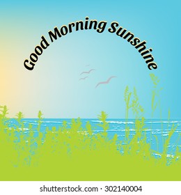 Background Summer landscape with silhouette of grass and greeting, Vector illustration
