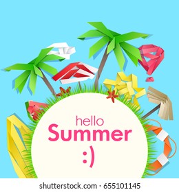 Background and Summer objects made of crumpled colorful paper strips. Origami paper palm, umbrella, sun, sup boards, lifebuoy etc. Vector background illustration.
