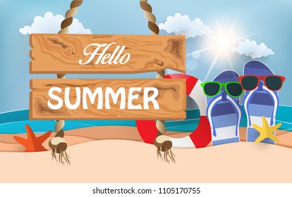 Background summer on the beach. Illustration Vector for Beach Vacation. there is a writing board.