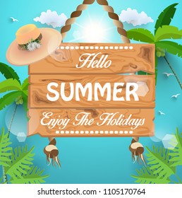 Background summer on the beach. Illustration Vector for Beach Vacation. there is a writing board.