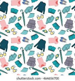  Background of summer outfit collection. Vector of hand drawn fashion clothes and accessories pattern illustration