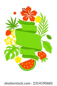 Background with summer plants. Beautiful tropical natural flowers, fruits and leaves.