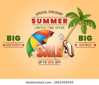 Background, summer scene design with 3d text, parasol, golf bag, and palm tree in the colors of the season, for summer, sales commercial event; Vector illustration