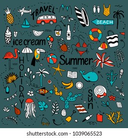 Background with summer set of isolated cute colorful and black white images in doodle style and text lettering for design. Line art illustration with things for beach and holiday. Vector.