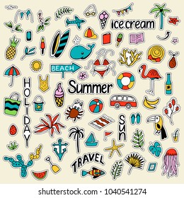 Background with summer set of isolated cute colorful Patches in doodle style and text lettering for design. Line art illustration with things for beach and holiday. Vector.