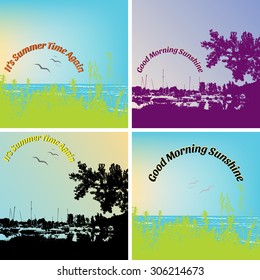 Background Summer, Sunrise landscape with silhouette of boat marina, and grass with greetings, Vector illustration