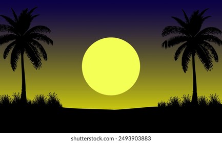 background of summer sunset in the afternoon with the silhouette of a beautiful palm tree