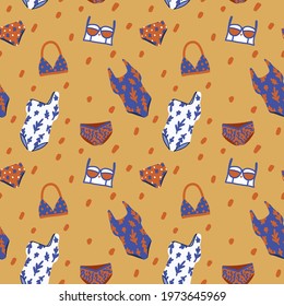 Background of summer swimsuits and bikinis. Women's beachwear, swimwear, swimming trunks, shorts for textiles. Summer vacation on the beach texture. Vector illustration