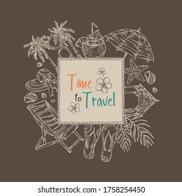 Background with summer travel elements . Vector hand drawn illustration