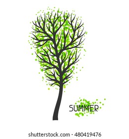 Background with summer tree. Illustration of silhouette and abstract spots.
