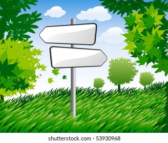 background with summer trees and signpost