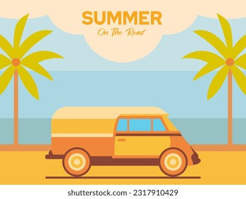 background summer trip by car and view on the beach, coconut trees, beach, sea, summer vacation.landscape, banner, poster, cover, print. summer on the road.