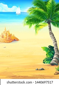 Background summer vacation with sun, sea, sky, palm trees, beach, boat. Creative design for print summer cards, invitations, brochures, posters. Vector illustration.