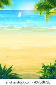 Terraza de verano con sol, mar, cielo, palmeras, playa, barco. Ilustración vectorial.