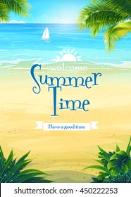 Terraza de verano con sol, mar, cielo, palmeras, playa, barco. Diseño creativo para tarjetas de verano impresas, invitaciones, folletos, carteles. Ilustración vectorial.