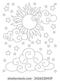 Background with sun, clouds and stars. Coloring page, icon, black and white vector illustration.