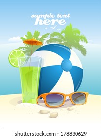 Background with sun glasses, ball and cocktail on a beach with place for text. Eps10