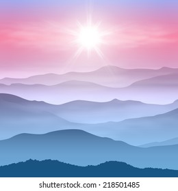 Background with sun and mountains in the fog. EPS10 vector.