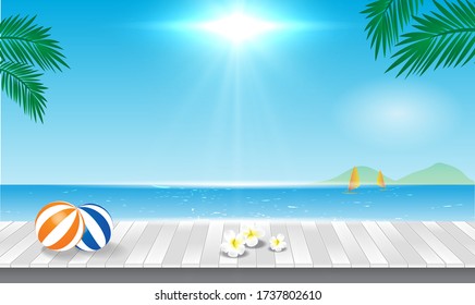 Background sun sea sand with floor wood and ball vector illustration