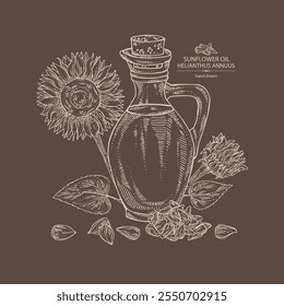 Background with sunflower: sunflower flower and sunflower seeds and bottle of sunflower oil. Vector hand drawn illustration