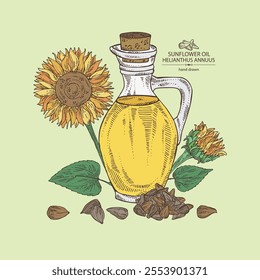 Background with sunflower: sunflower flower and sunflower seeds and bottle of sunflower oil. Vector hand drawn illustration