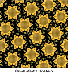 Background with sunflower pattern. Yellow flowers over black background. Wallpaper, backdrop, texture, creativity, summer, agriculture, rustic concepts