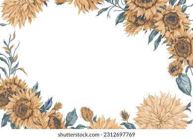 Background Sunflowers Flower Yellow Watercolor with White Space for Wedding Invitation Ornament.