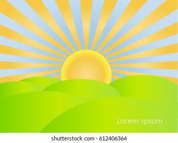Background with sunrise, blue sky, green hills, Lorem ipsum stock vector illustration