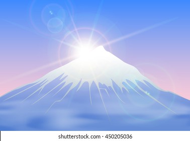 Background with sunrise in mountains in the fog.