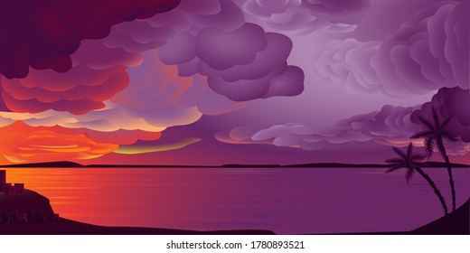 Background, sunset on the night beach. Can be used as background, screensaver, cover.