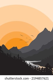 Background Sunset Sea Trees And Mountains Paintings Vector Images Wallpaper Nature Beauty.