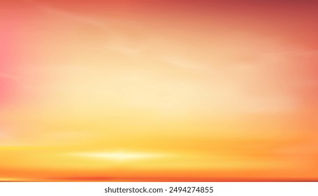 Background Sunset Sky And Sunrise Color In Yellow Horizon With Sun, Vector Nature Scene For Spring, Sunny Morning Light, Autumn Winter And Summer Landscape, Seasonal Banner Illustration And Copy Space