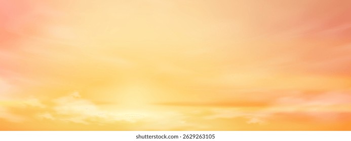 Background Sunset Sky And Sunrise Color In Yellow Horizon With Sun, Vector Nature Scene For Spring, Sunny Morning Light, Autumn Winter And Summer Landscape, Seasonal Banner Illustration And Copy Space