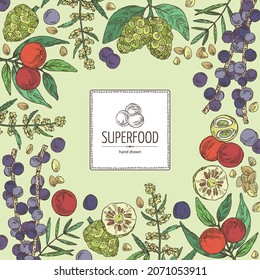 Background with super food: cannabis seeds, acai berries, noni fruit,  camu camu. Super food. Vector hand drawn illustration.