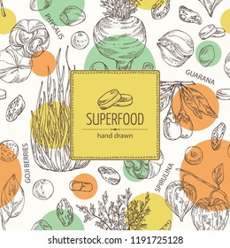 Background with super food: guarana, spirulina algae, maca peruvian, goji berries and physalis. Super food. Vector hand drawn illustration.