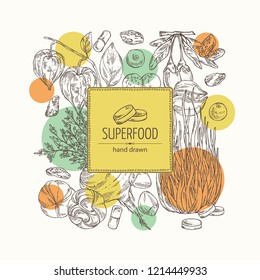 Background with super food: guarana, spirulina algae, maca peruvian, goji berries and physalis. Super food. Vector hand drawn illustration.
