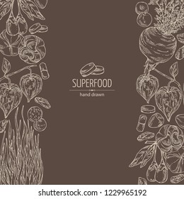 Background with super food: guarana, spirulina algae, maca peruvian, goji berries and physalis. Super food. Vector hand drawn illustration.