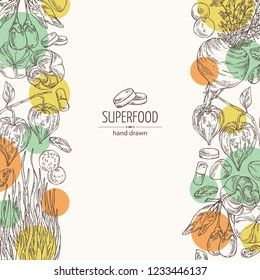 Background with super food: guarana, spirulina algae, maca peruvian, goji berries and physalis. Super food. Vector hand drawn illustration.
