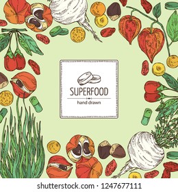Background with super food: guarana, spirulina algae, maca peruvian, goji berries and physalis. Super food. Vector hand drawn illustration.
