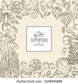 Background with super food: guarana, spirulina algae, maca peruvian, goji berries and physalis. Super food. Vector hand drawn illustration.
